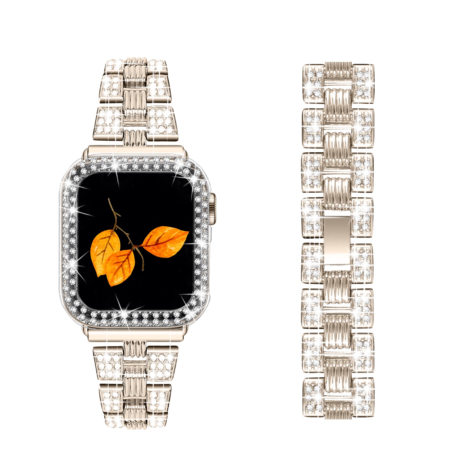 For Apple Watch Series 7 45mm 2-in-1 Design Stainless Steel Rhinestone Thread Watch Strap + Anti-drop Hard PC Watch Case For Apple Watch Series 7 45mm 2-in-1 Design Stainless Steel Rhinestone Thread Watch Strap + Anti-drop Hard PC Watch Case